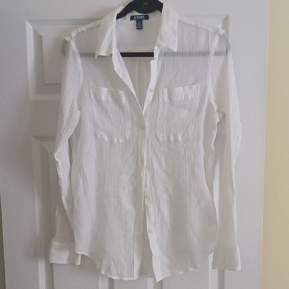Chaps Sheer White Button-Up Shirt Women's Large